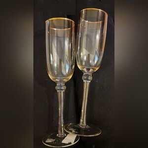 #Vintage #Ambiance Gold Rim #Champagne 9" Flutes Set of 2. Pinkish Stems, Edging